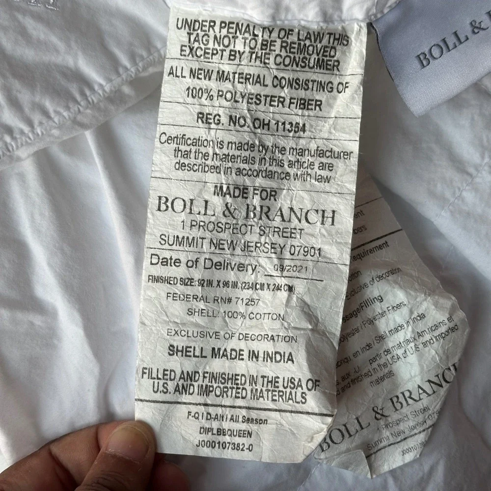 Boll & Branch Queen Down Alternative Duvet Insert White Organic Cotton PrimaLoft